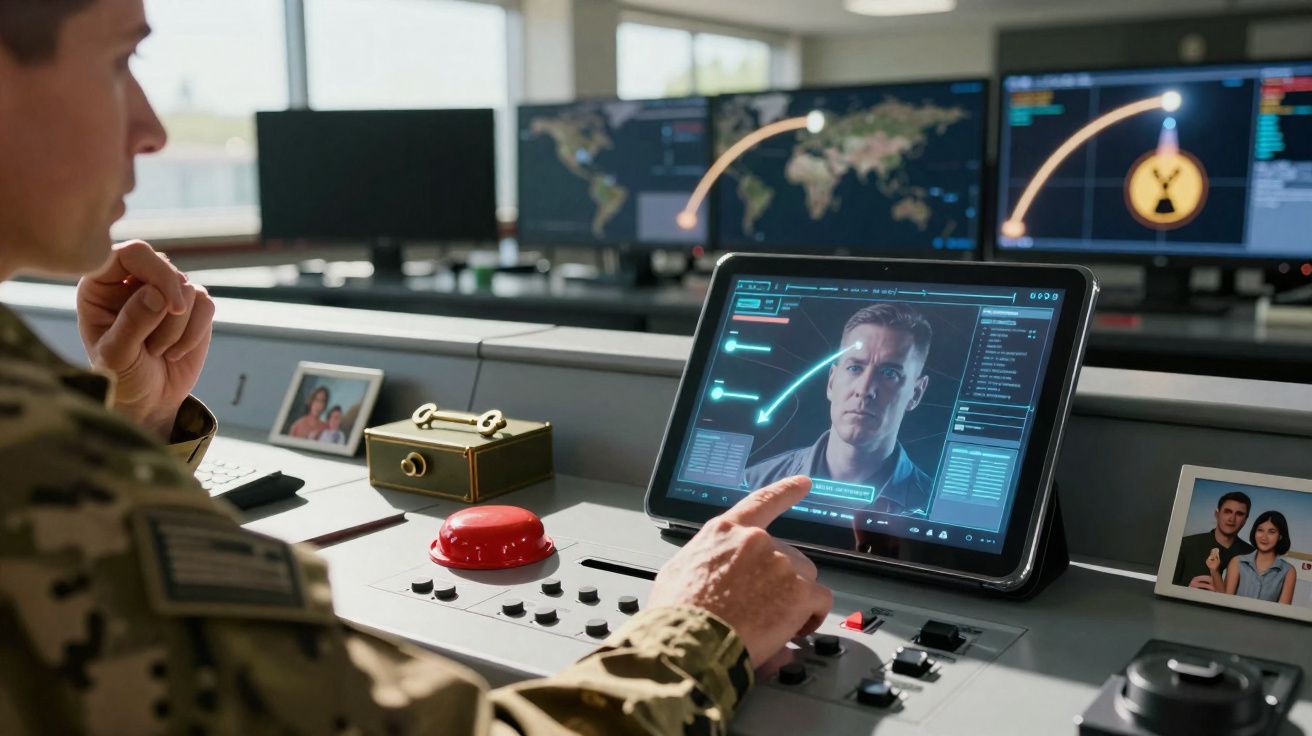 Militar em farda analisando um ecrã táctil com imagem de rosto e dados numa sala de controlo com vários monitores.