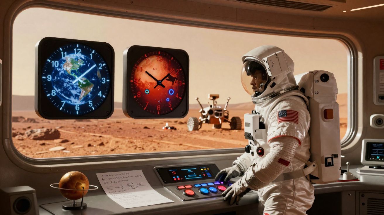 Astronauta dentro de nave espacial em Marte com relógios mostrando hora da Terra e de Marte ao fundo.