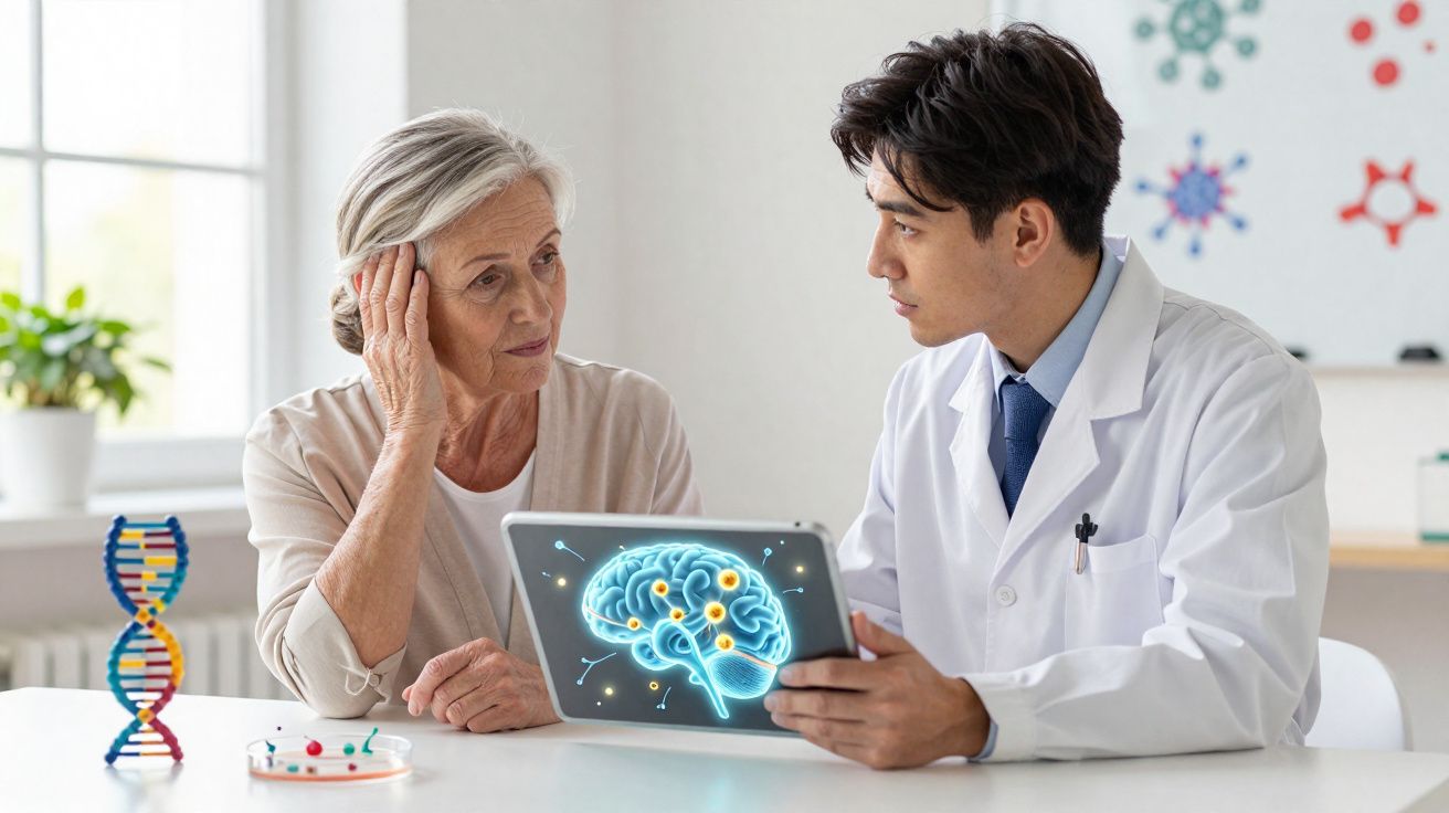 Médico explica resultados de exame cerebral a mulher idosa preocupada num consultório médico moderno.