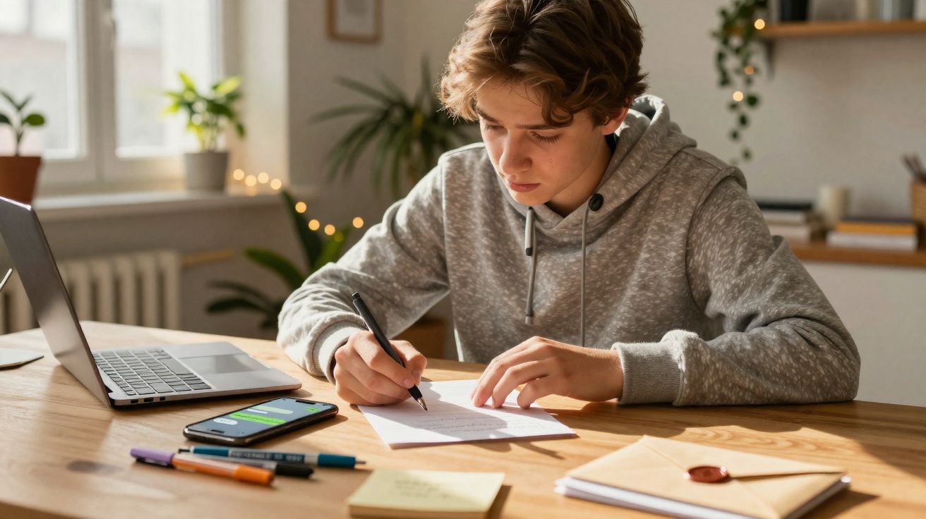 Jovem a estudar e escrever numa folha, com computador portátil e telemóvel na secretária.