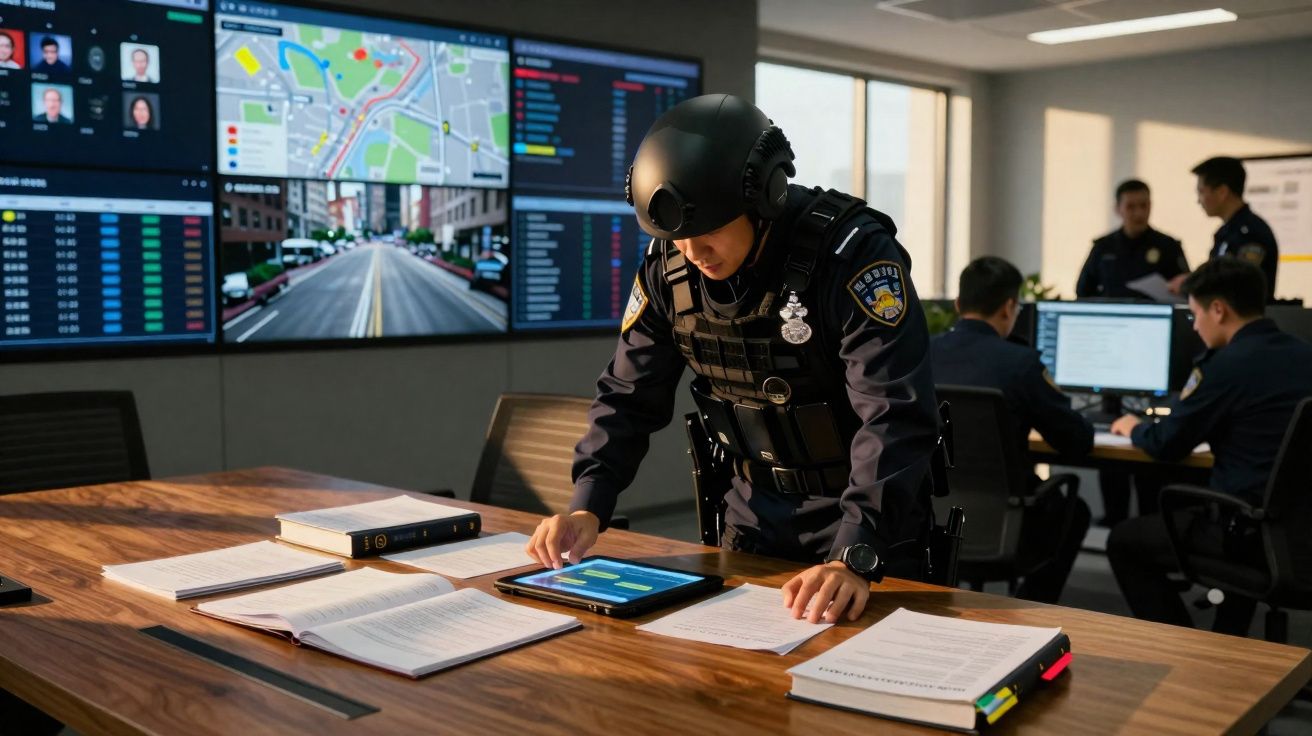 Polícia em equipamento tático analisa dados numa sala de comando com ecrãs e colegas ao fundo.