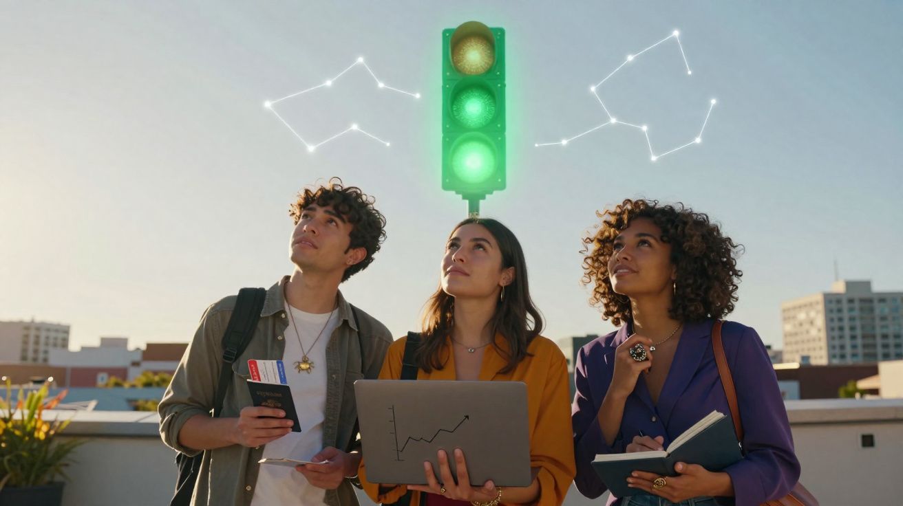 Três jovens sob semáforo verde, olhando para cima com constelações no céu, segurando laptop, livros e cartões.