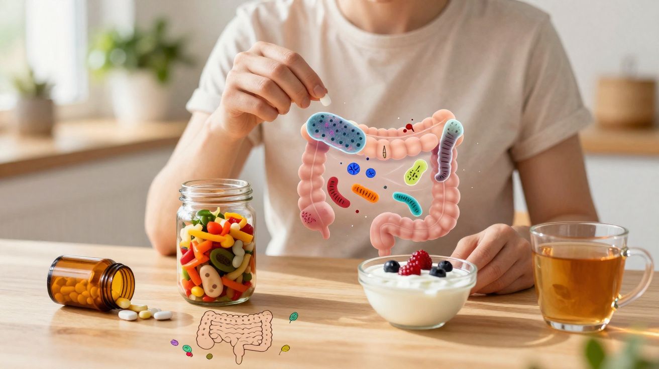Pessoa a segurar ilustração do intestino com bactérias, ao lado de iogurte, probióticos e chá na mesa.