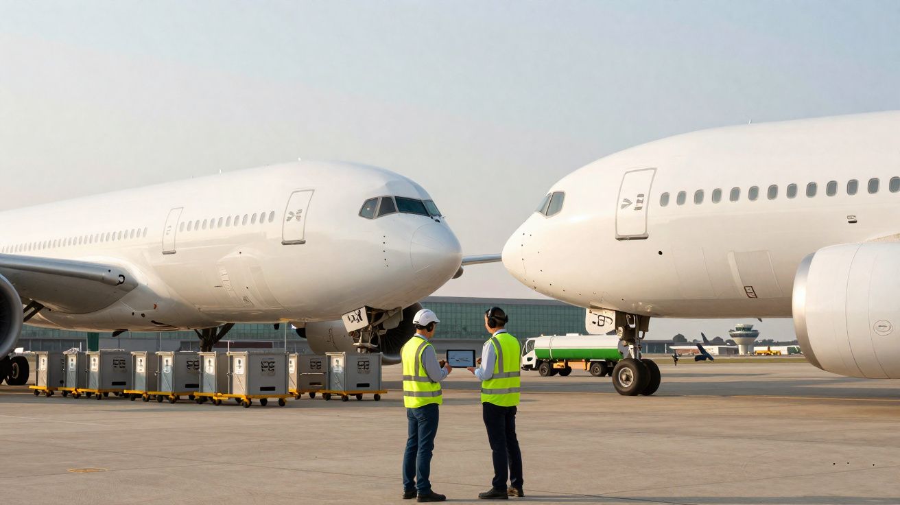 Dois trabalhadores de colete refletores conversam perto de dois aviões brancos numa pista de aeroporto.