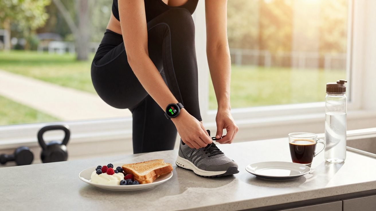 Pessoa amarrando sapatos desportivos com pequeno-almoço saudável e garrafa de água numa bancada.