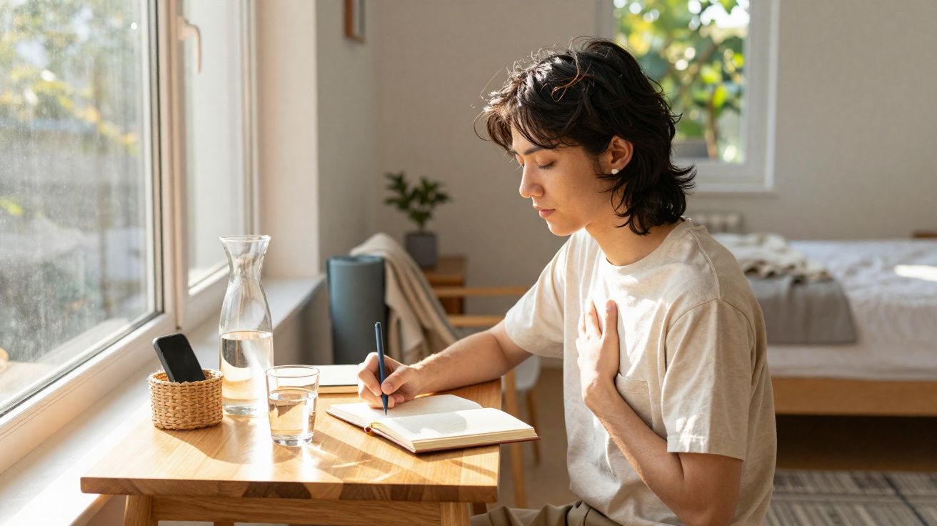 Pessoa a escrever num caderno sentada numa mesa de madeira junto a uma janela com luz natural.