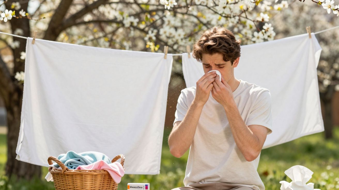 Jovem a assoar o nariz com lenço no jardim durante primavera, perto de roupa estendida a secar.
