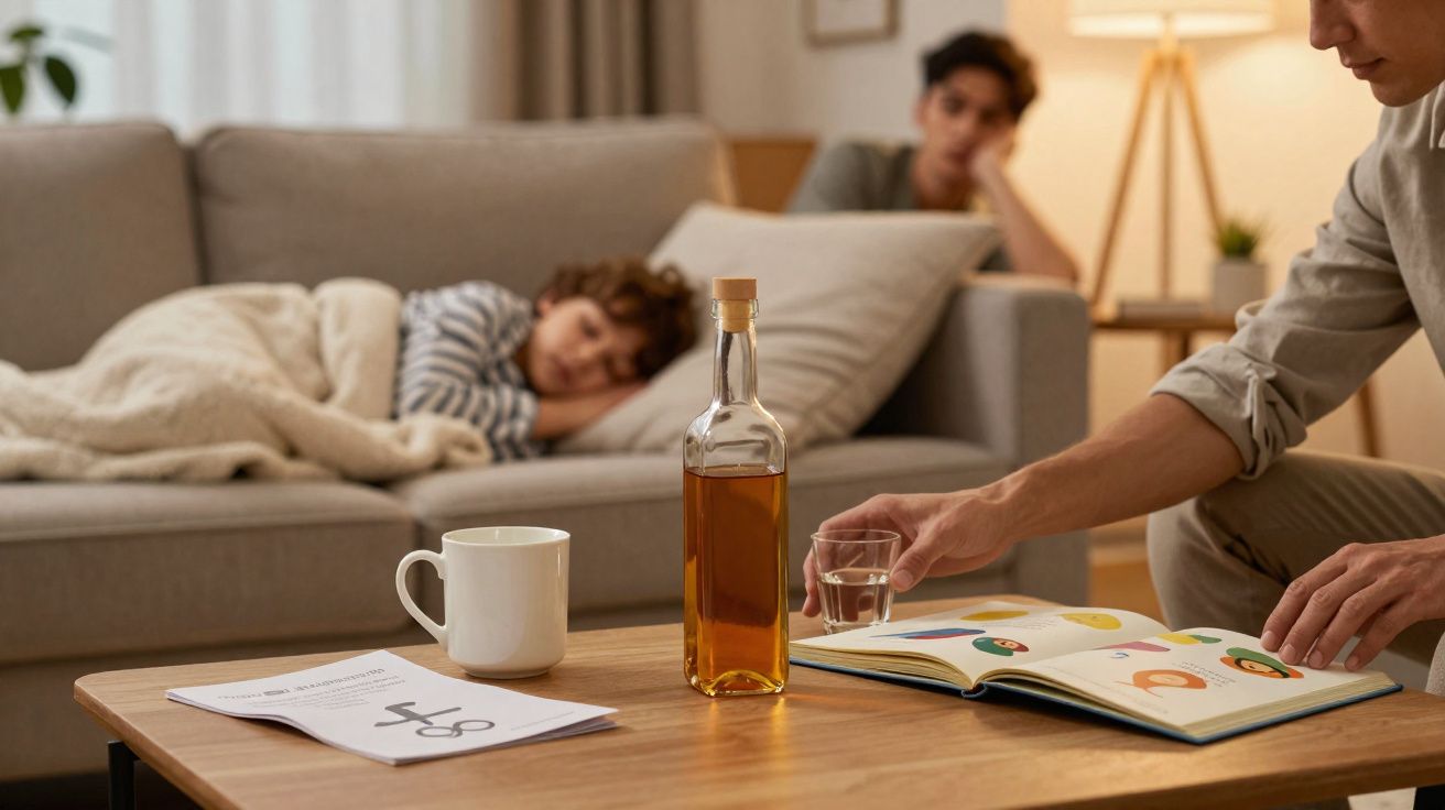 Garoto adormecido no sofá, pessoa lendo livro com copo de bebida numa sala com garrafa e chávena em mesa.