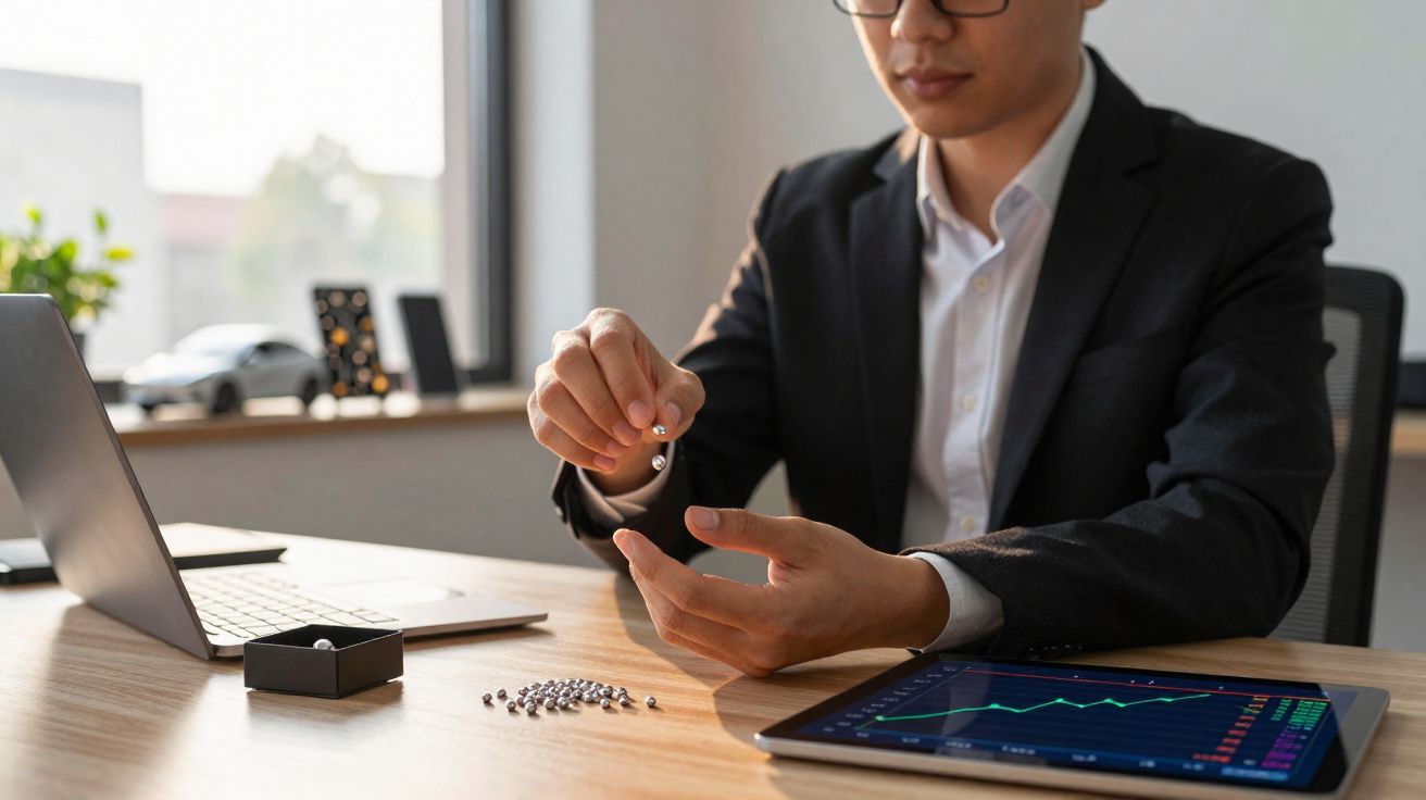 Homem de negócios sentado à mesa, segurando uma bola metálica, com laptop e tablet com gráficos.