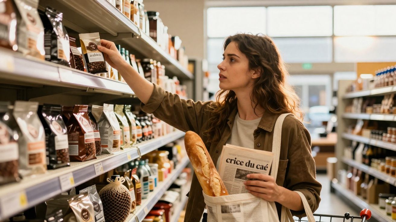 Mulher a fazer compras num supermercado, segura jornal e baguete, apanha embalagem numa prateleira.