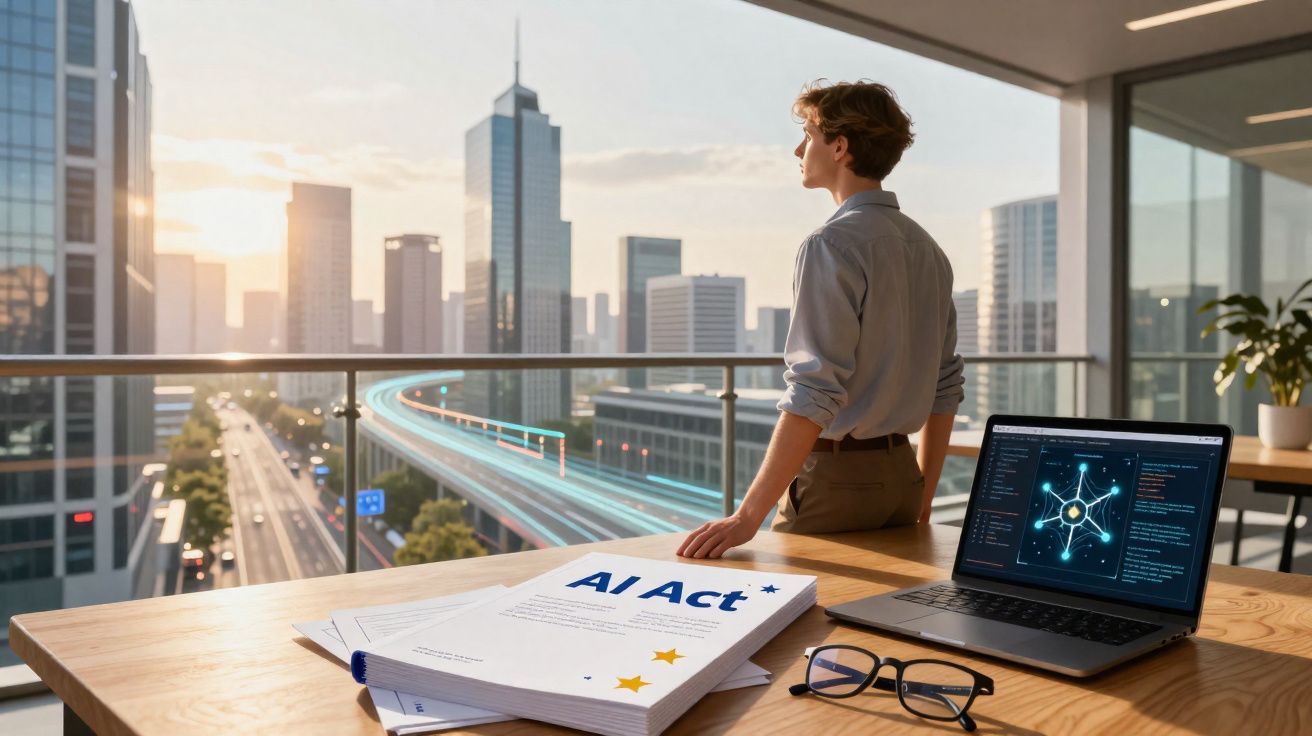 Pessoa a olhar para a cidade num escritório moderno com documentos AI Act e computador com gráficos de inteligência artificia