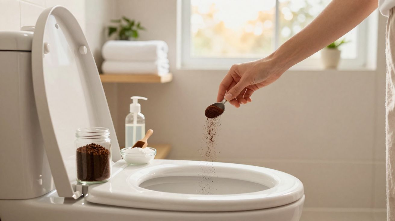 Mão a deitar café moído num sanitário branco com frascos e toalhas ao fundo, em casa iluminada.