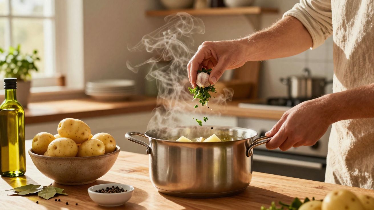Pessoa a temperar batatas a cozer numa panela com alho e ervas aromáticas na cozinha.