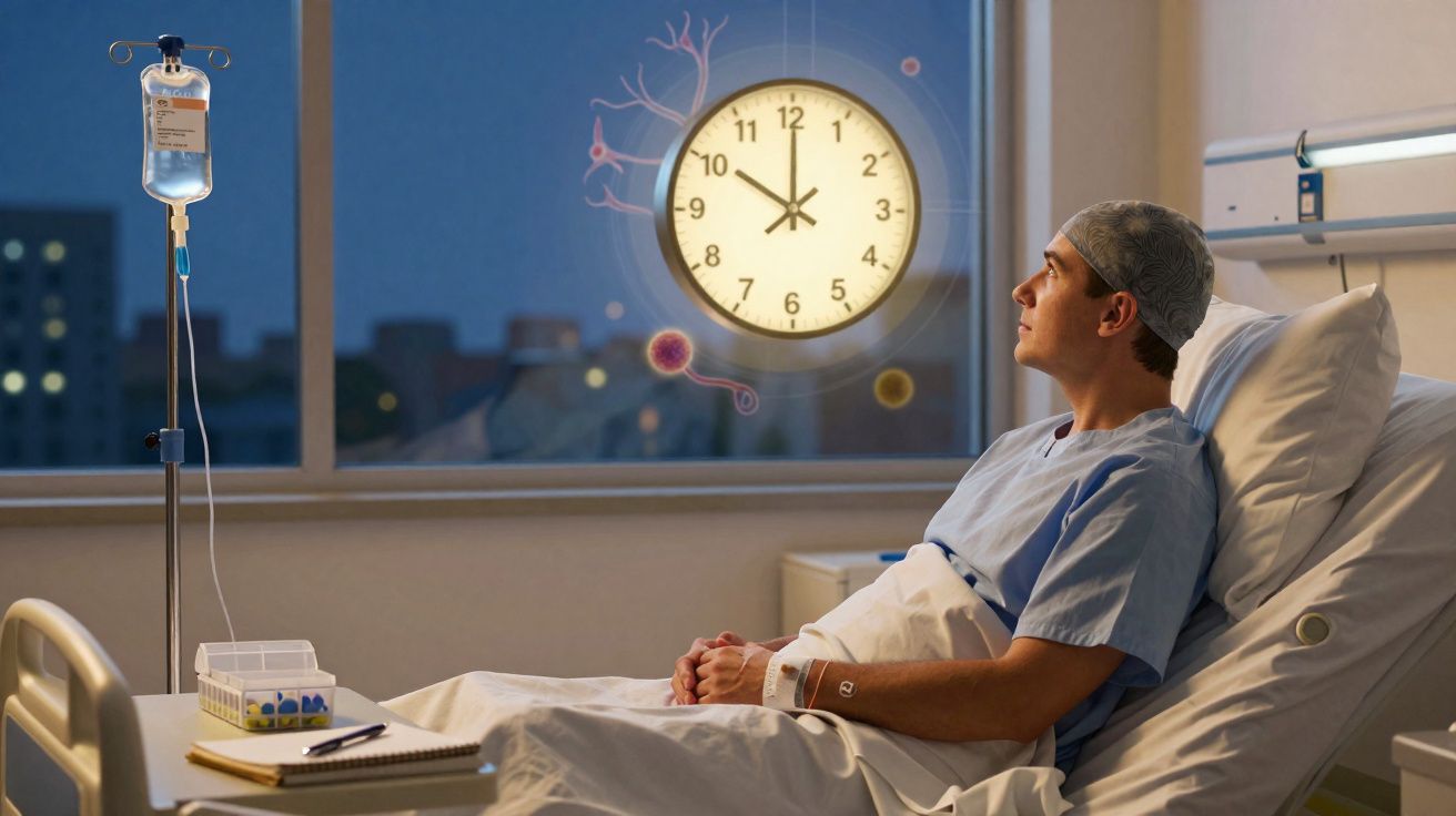 Paciente em cama de hospital olhando para relógio, com soro intravenoso ligado e ambiente noturno.
