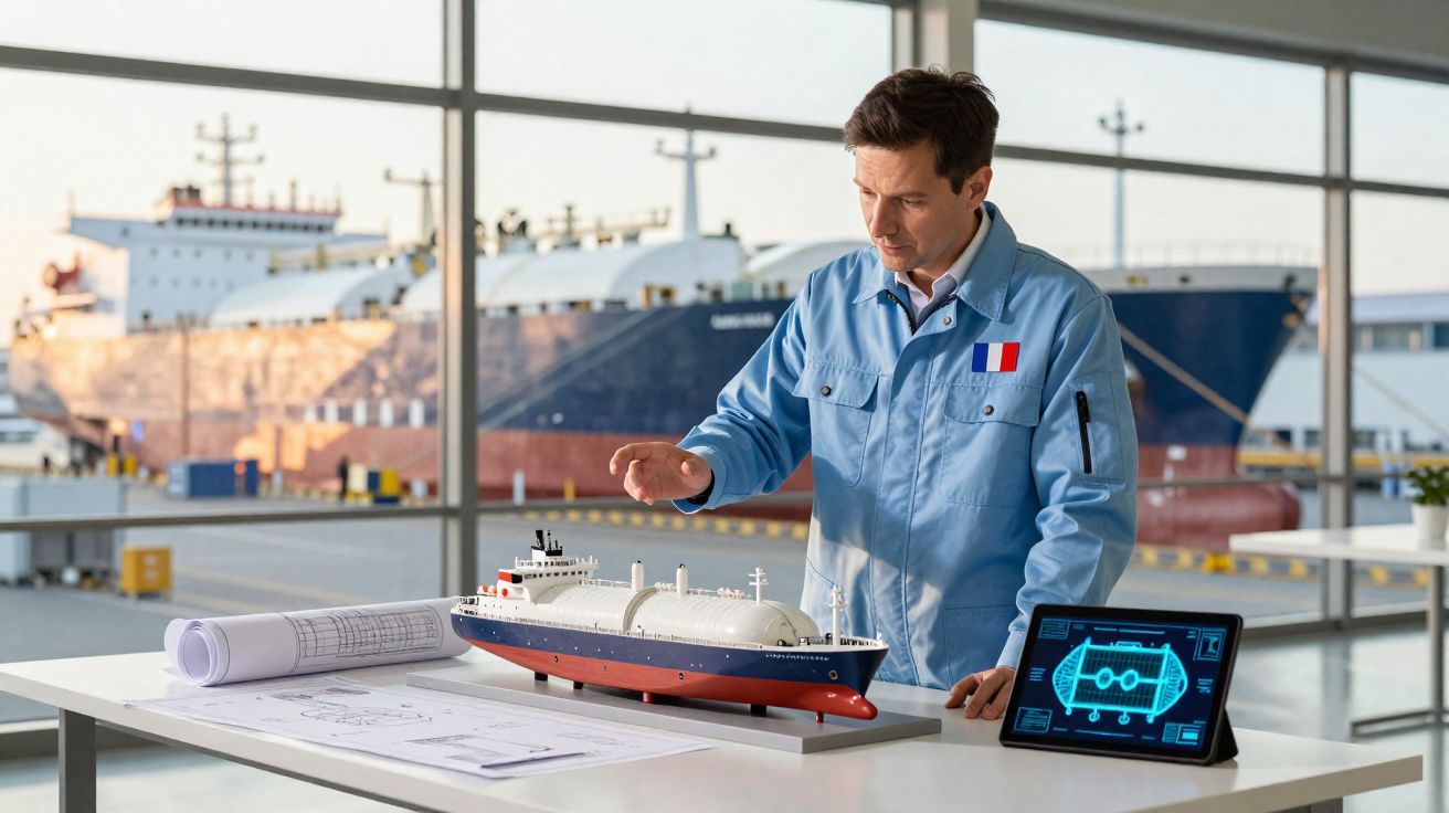 Engenheiro naval francês a analisar modelo de navio tanque num escritório com porto e navios ao fundo.