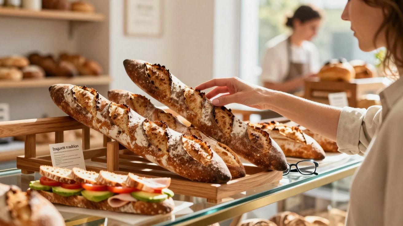 Pessoa a escolher baguete fresca numa padaria com sanduíches e pães ao fundo.