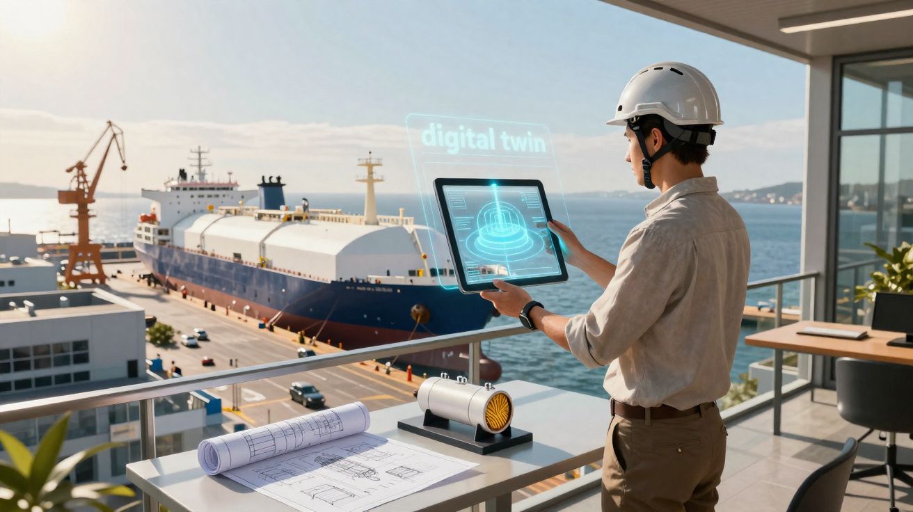 Engenheiro com capacete usa tablet para analisar gêmeo digital de navio no porto com planos na mesa.