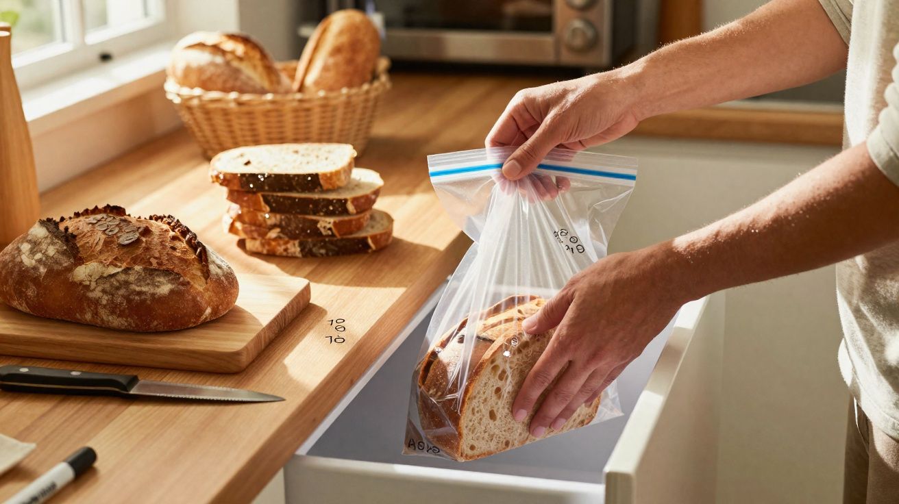 Mãos a colocar fatias de pão numa embalagem plástica na cozinha, com pão e faca em cima do balcão.