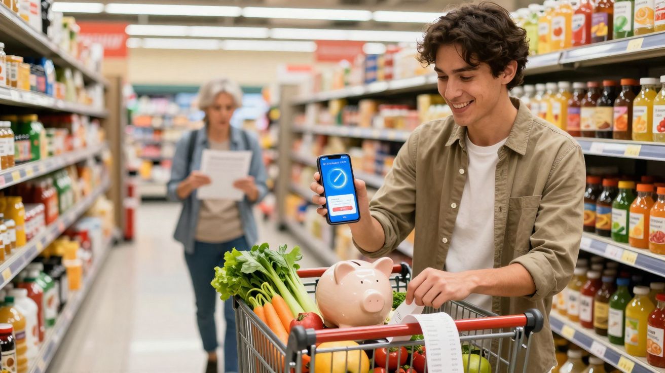 Rapaz num supermercado mostra aplicação móvel com símbolo de poupança, carrinho com vegetais e mealheiro em forma de porquinh
