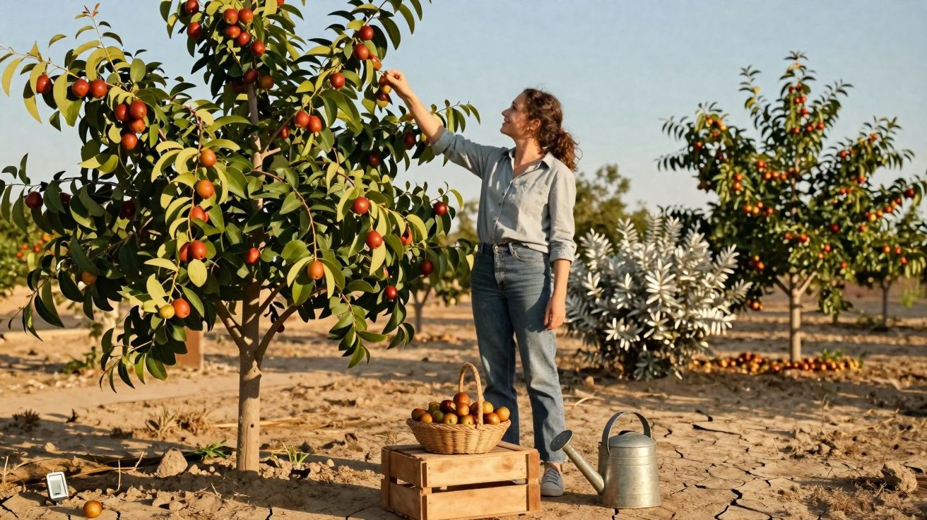 Mulher apanha frutas maduras numa árvore num pomar seco com cesta, regador e caixa de madeira no chão.