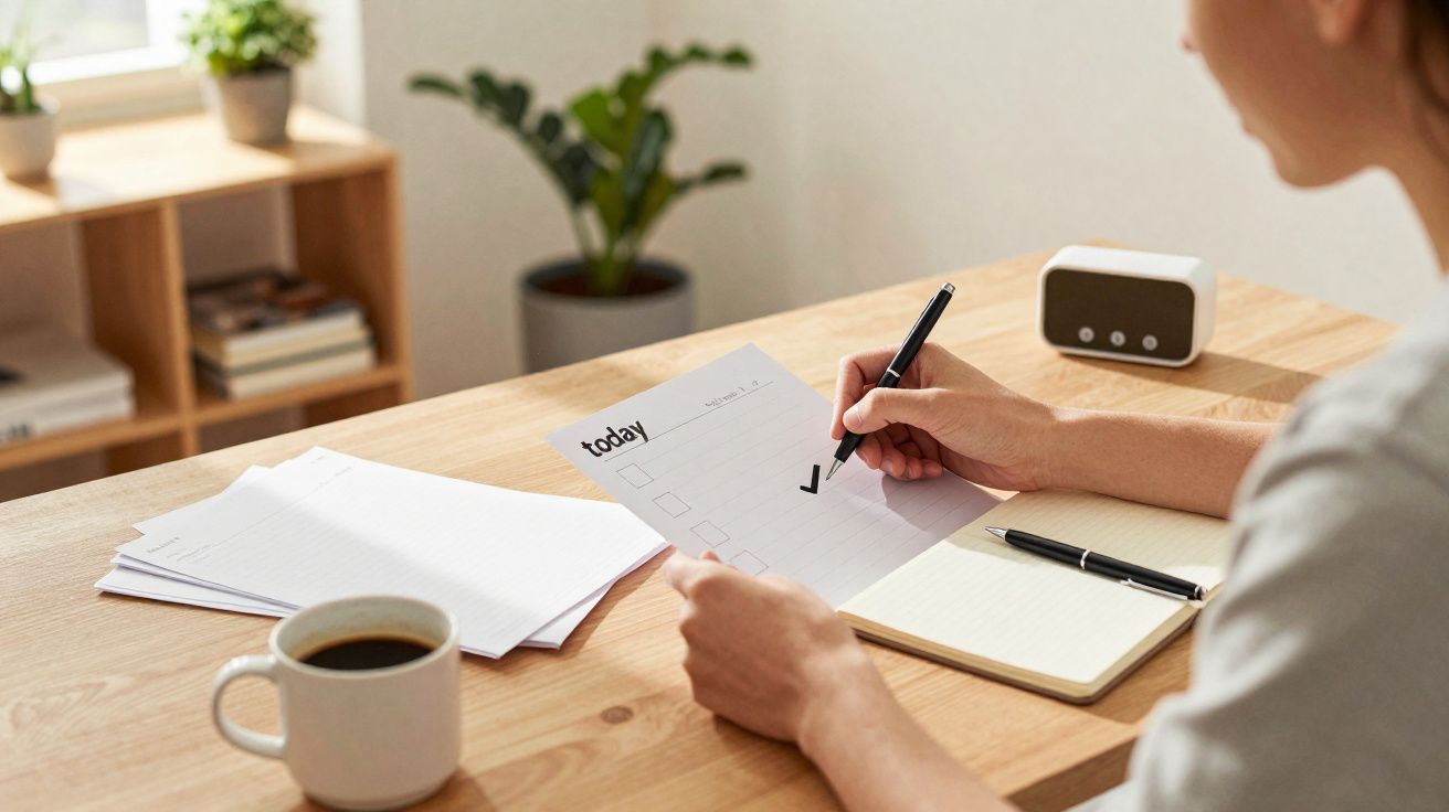 Pessoa a marcar uma tarefa como concluída numa lista diária numa secretária de madeira com café e caderno.