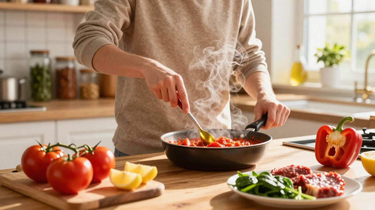 Pessoa a cozinhar molho de tomate numa frigideira numa cozinha iluminada com ingredientes frescos à volta.