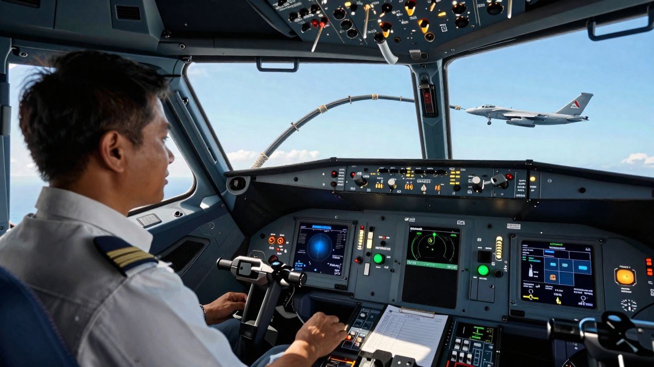 Piloto na cabine de controlo de um avião, com ecrãs de instrumentação e outra aeronave em voo visível pela janela.