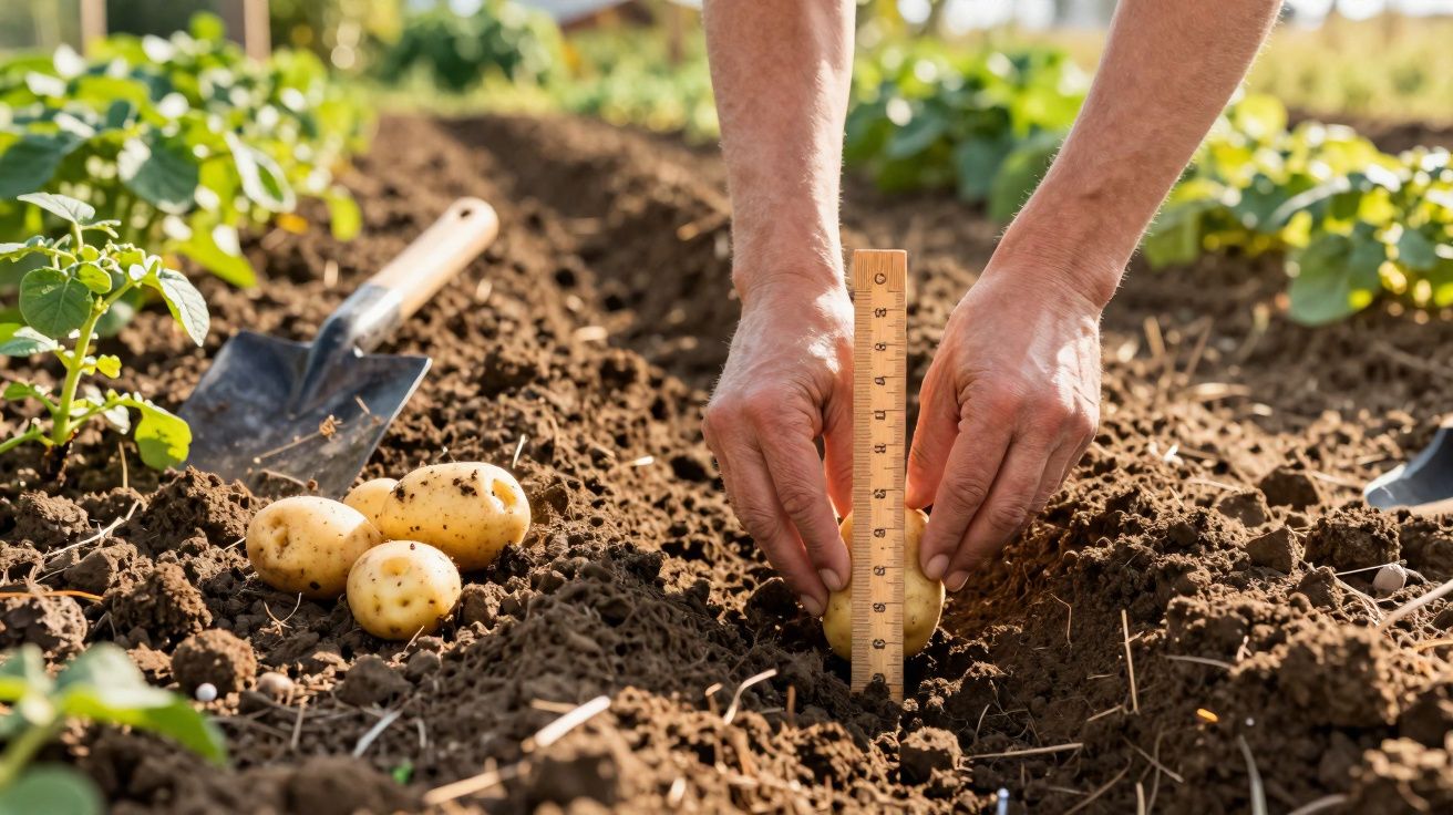 Mãos a medir o crescimento de batatas na terra de uma horta com uma régua e ferramenta de jardinagem ao lado.