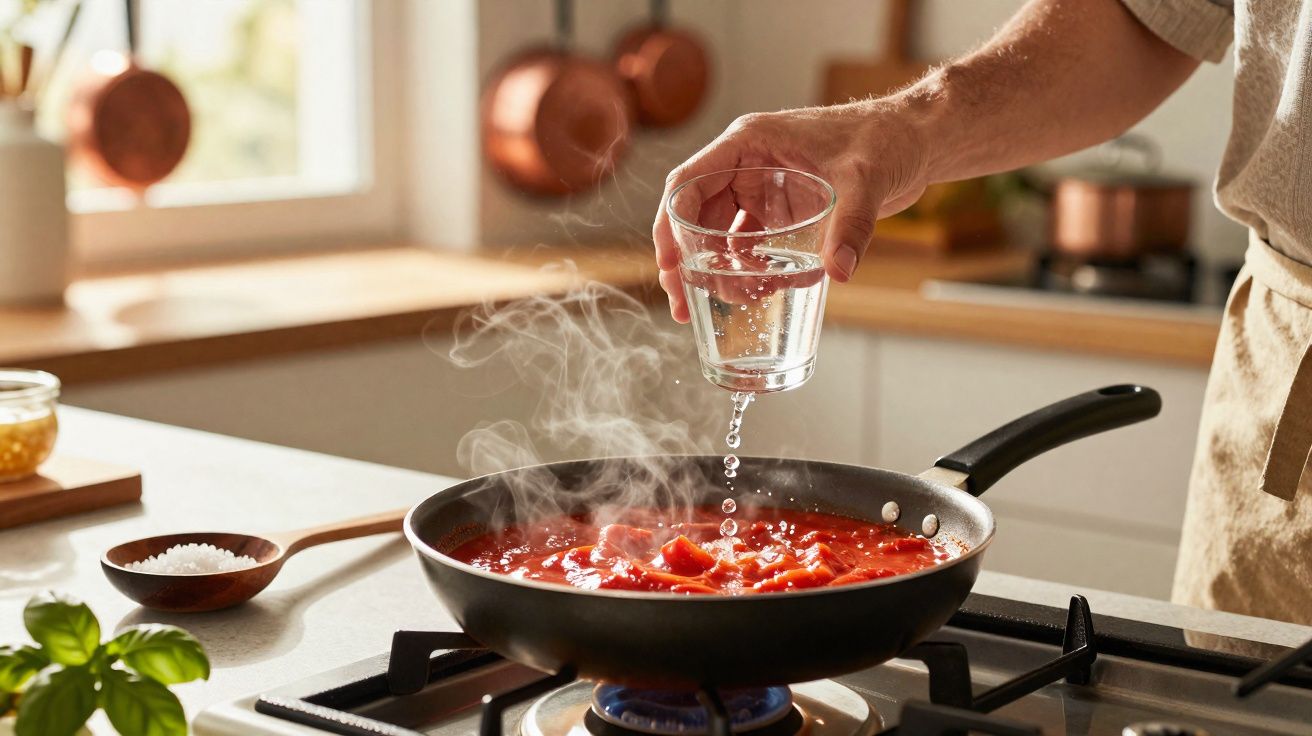 Pessoa a adicionar água a uma frigideira com molho de tomate a cozinhar no fogão a gás.