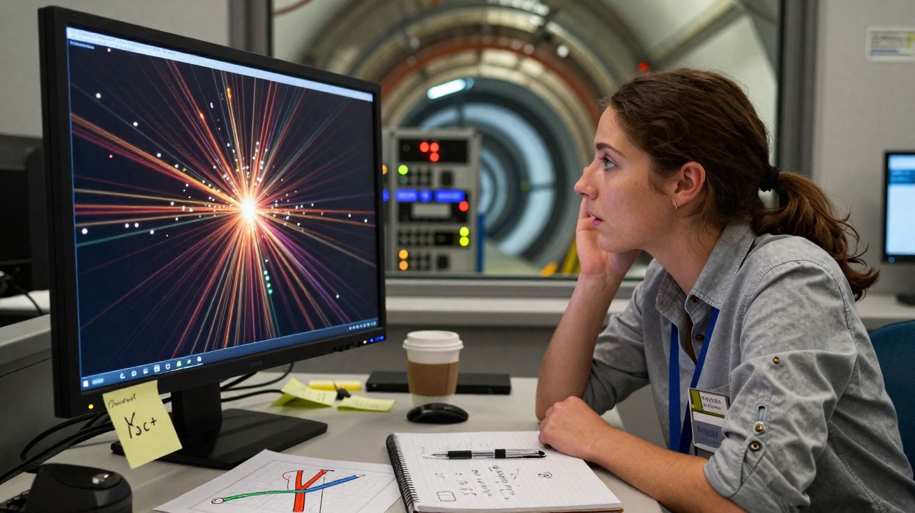 Mulher a observar e analisar visualização científica num ecrã de computador num laboratório moderno.