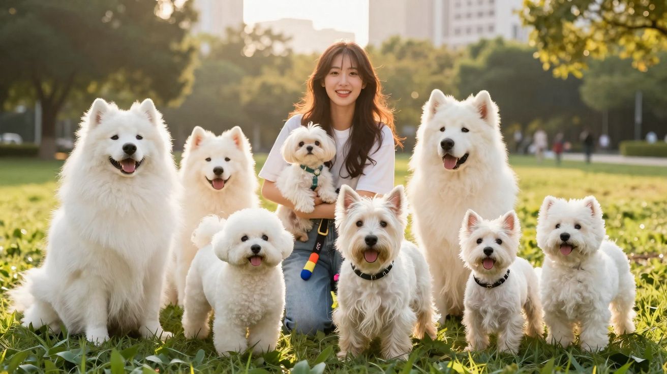 Mulher sorridente rodeada por oito cães brancos de diferentes raças em relvado verde ao ar livre.