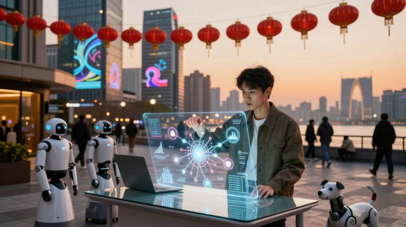 Jovem interage com interface futurista holográfica ao ar livre, rodeado por robôs e lanternas chinesas vermelhas.