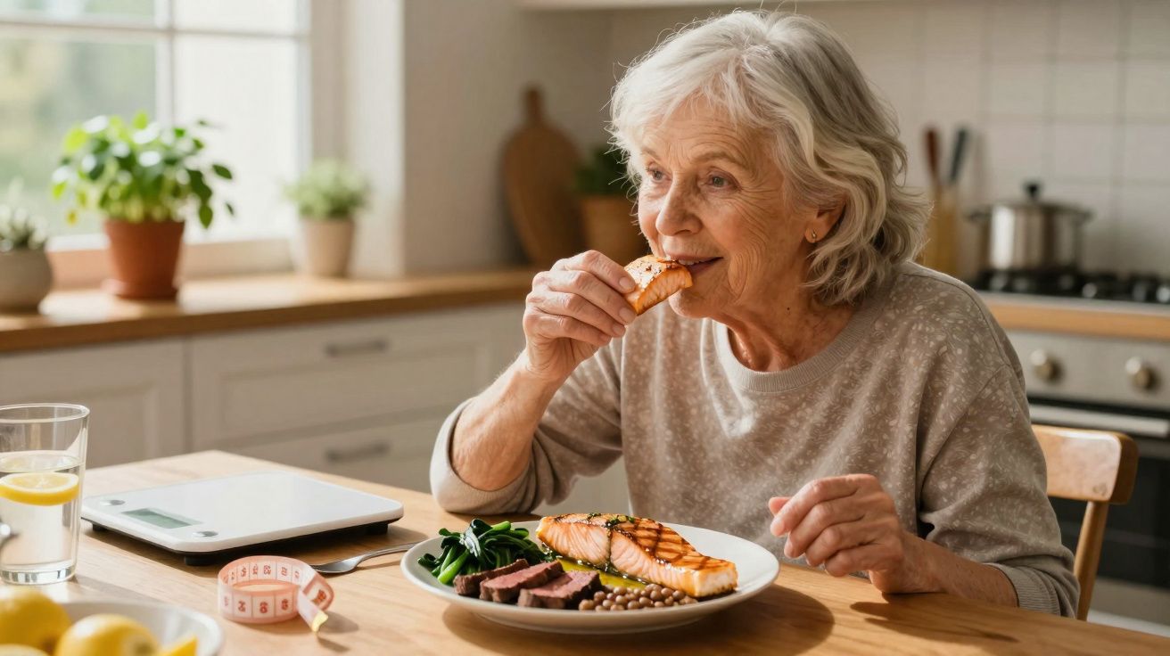 Idosa a comer salmão grelhado e legumes numa cozinha luminosa.