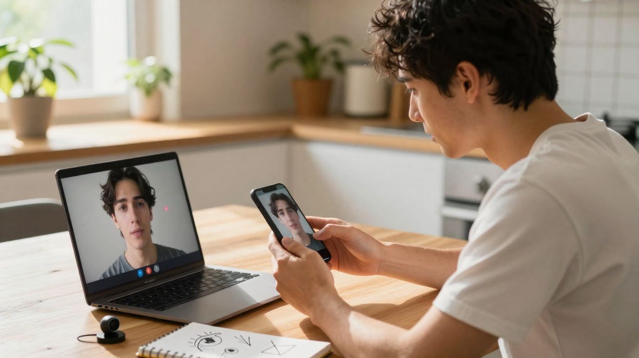 Jovem numa videochamada dupla, a falar consigo mesmo no telemóvel e no computador portátil.