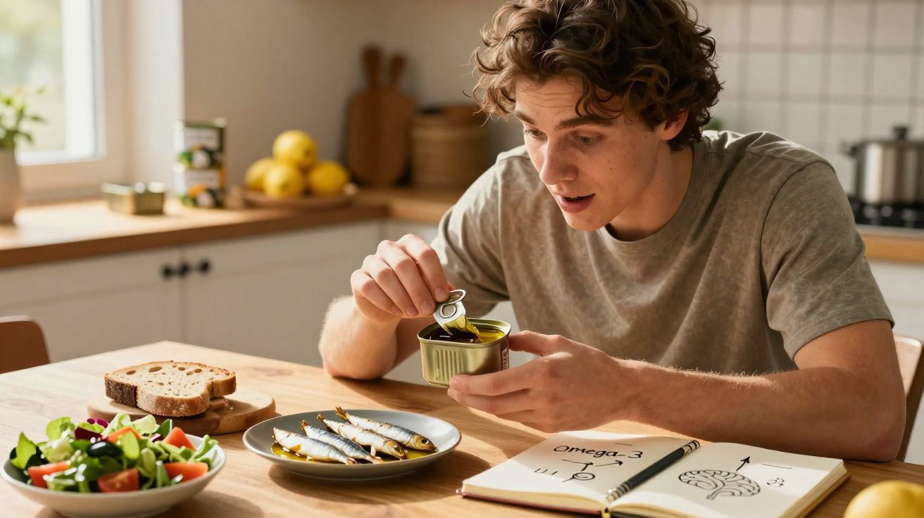 Rapaz abre lata de conserva para acrescentar peixe a prato com sardinhas, ao lado de salada, pão e caderno com anotações.