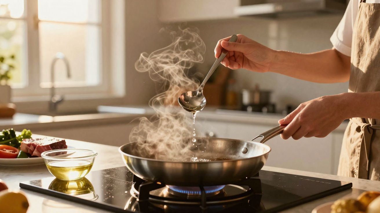 Pessoa a temperar comida numa frigideira com chama azul numa cozinha iluminada pela manhã.