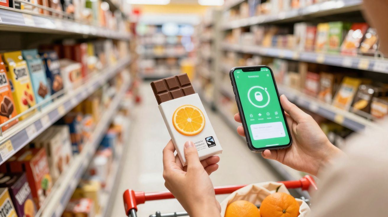 Pessoa em supermercado a segurar barra de chocolate e telemóvel com aplicação aberta para pagar.
