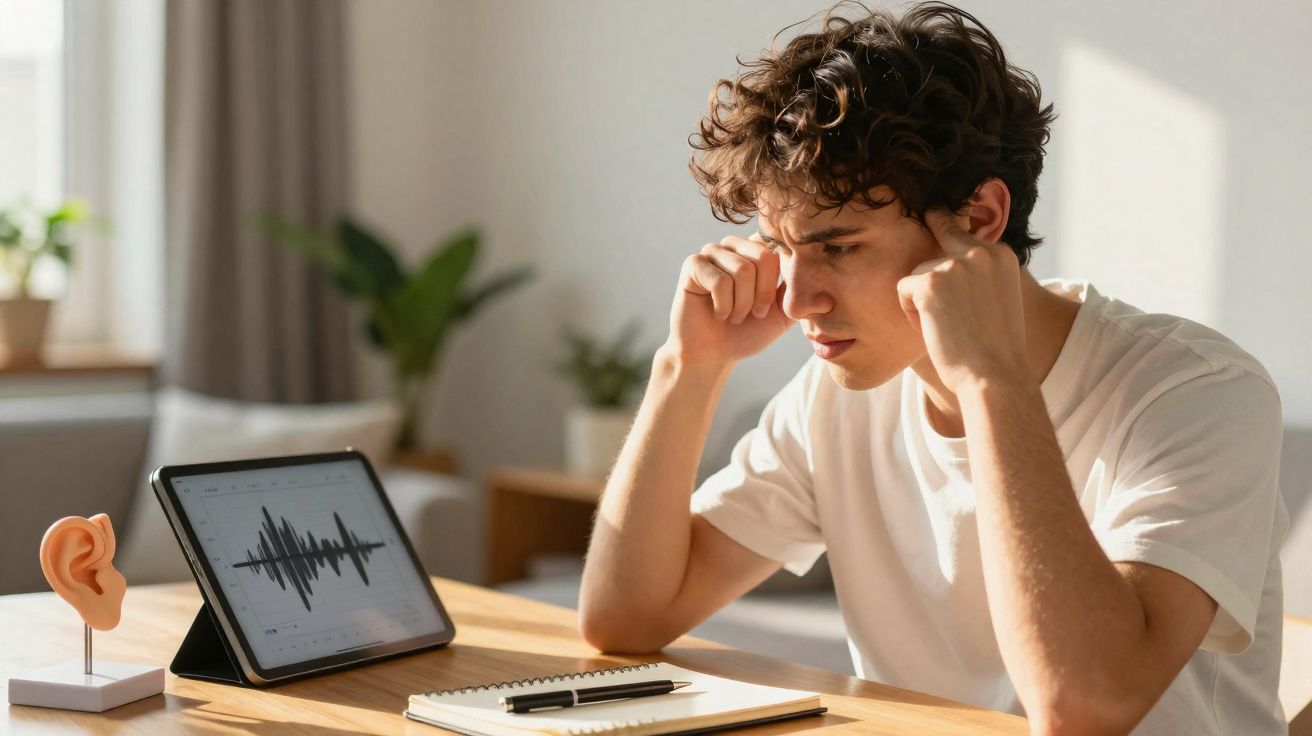 Jovem a proteger os ouvidos com as mãos enquanto olha para gráficos de som num tablet numa sala iluminada.
