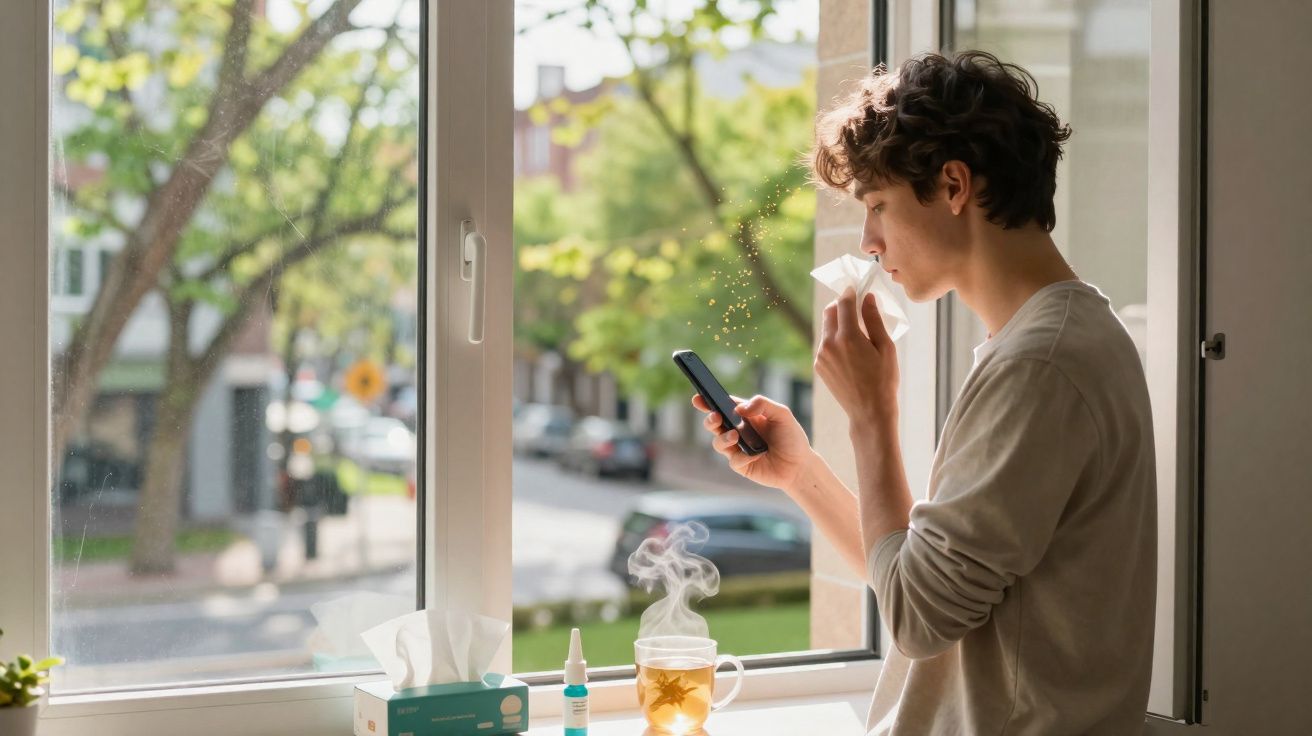 Homem a assoar o nariz enquanto usa telemóvel, junto a janela com chá quente e medicamentos na mesa.