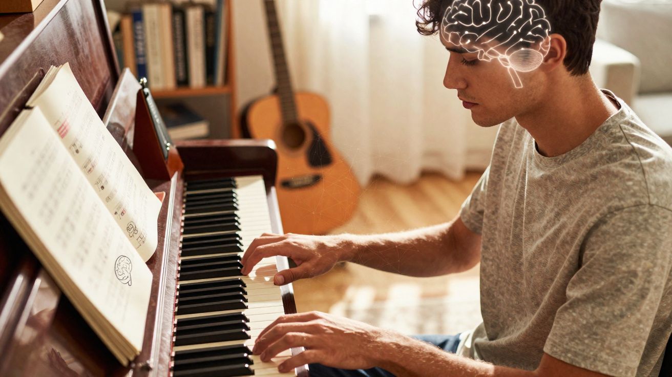 Jovem a tocar piano com imagem ilustrativa de cérebro na cabeça, ambiente com guitarra e livros.