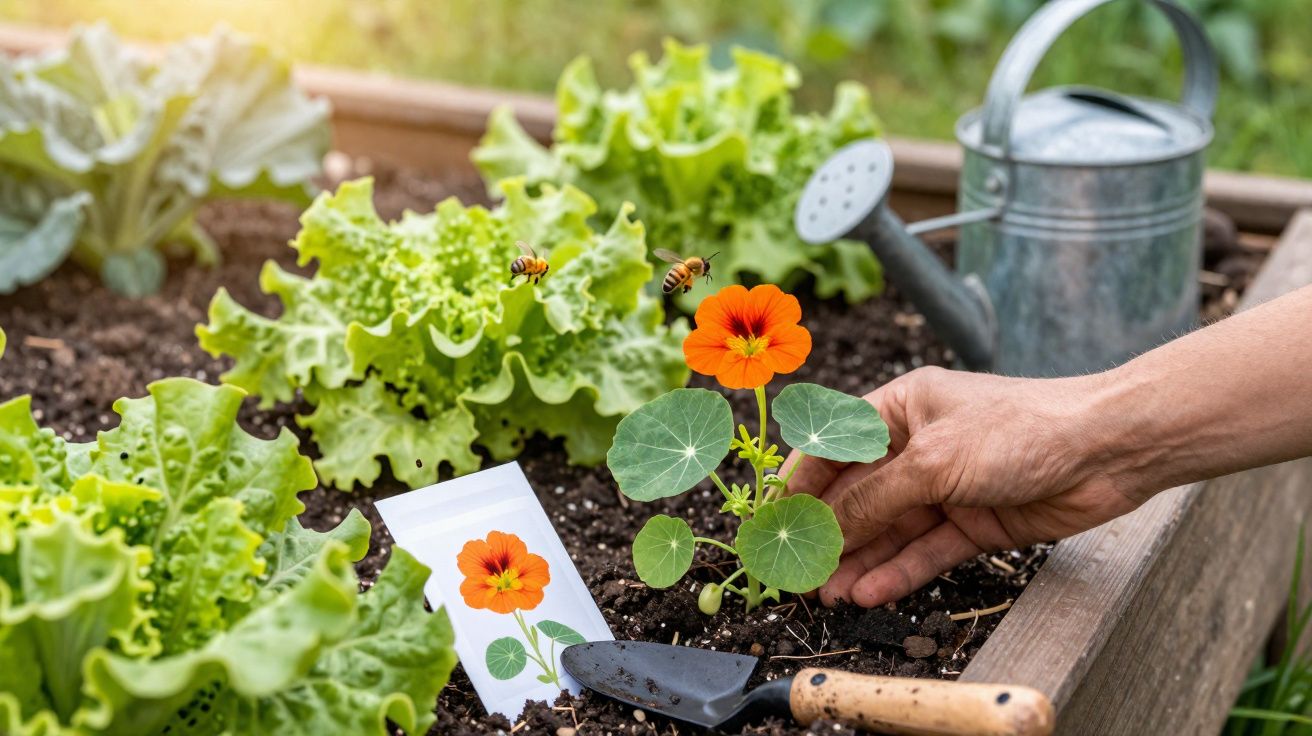 Mão a plantar flor laranja num canteiro com alfaces, regador e abelhas a voar sob luz suave.