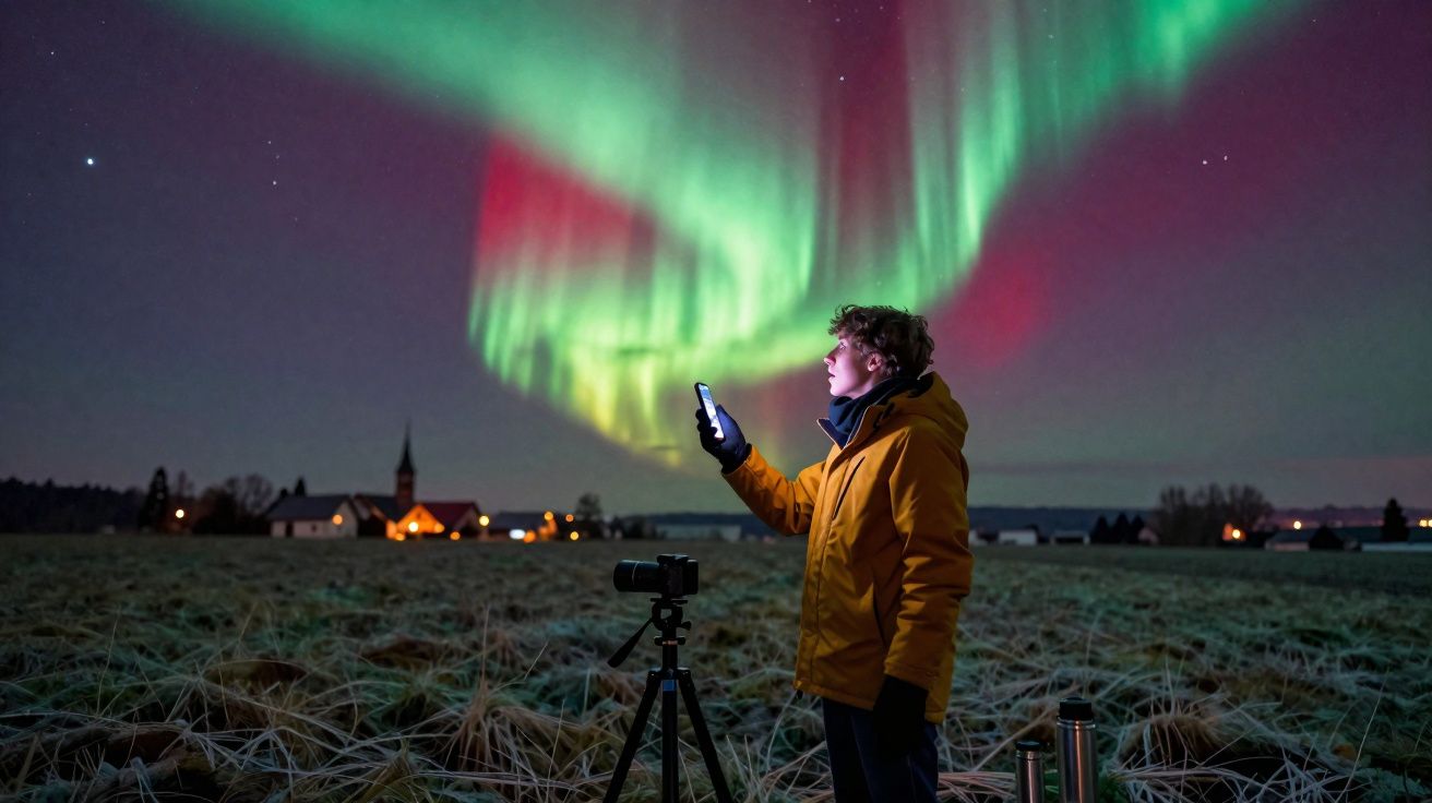 Pessoa com casaco amarelo observa aurora boreal enquanto segura um telemóvel em campo aberto à noite.