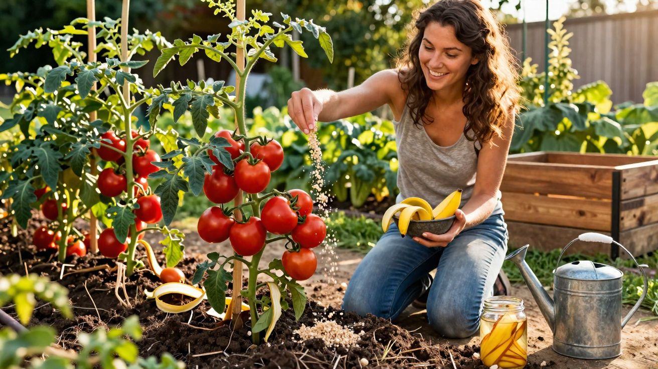Mulher a fertilizar plantas de tomate num jardim com sorriso, segura um cesto de bananas.
