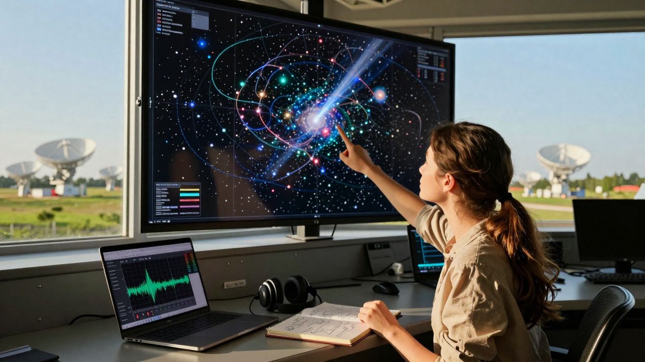 Mulher a estudar dados astronómicos no ecrã, lado a lado com computador portátil e antenas parabólicas ao fundo.