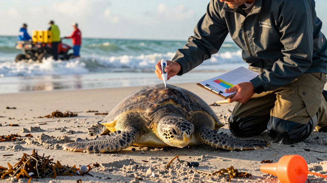 Investigador mede a temperatura de uma tartaruga marinha na praia durante estudo ambiental.