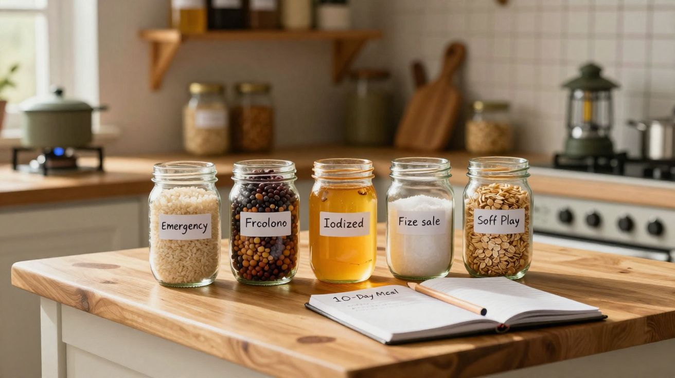 Cinco frascos de vidro com diferentes alimentos etiquetados sobre bancada de cozinha junto a caderno aberto e lápis.