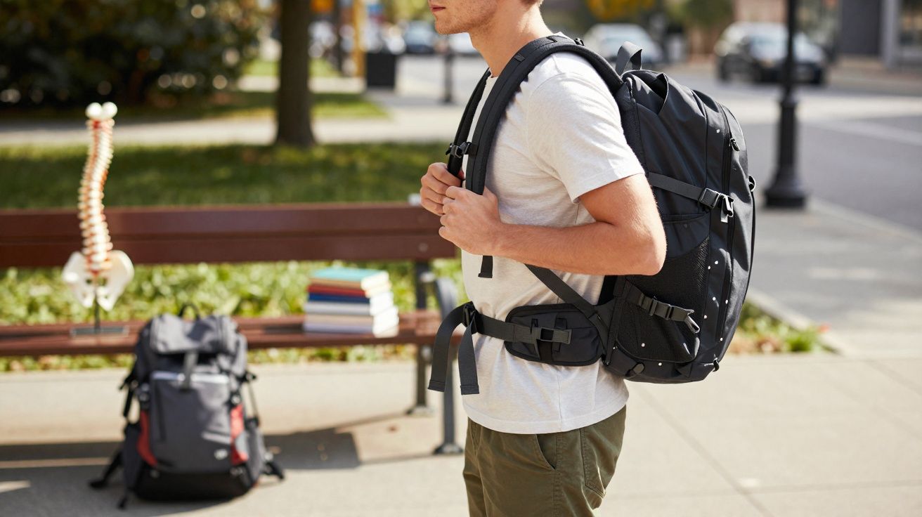 Homem com mochila preta ajustada às costas, em ambiente urbano, com livros e mochila ao fundo.