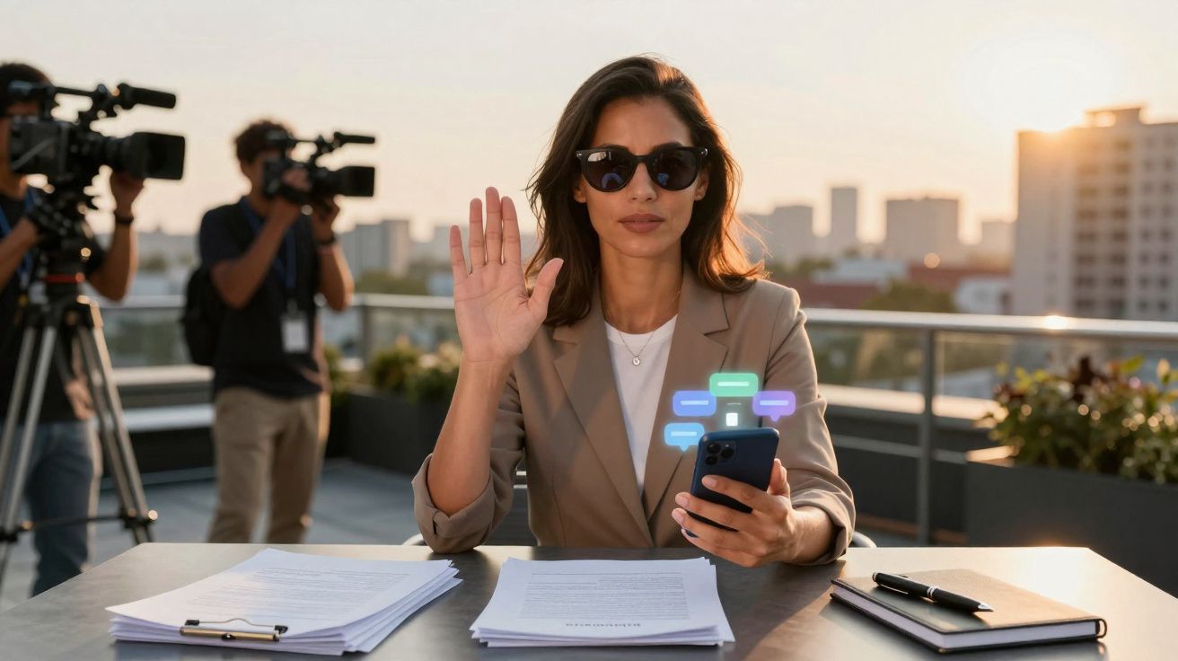 Mulher de óculos escuros levanta a mão enquanto segura telemóvel com balões de chat, com câmaras e edifícios ao fundo.