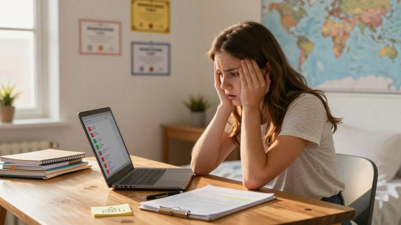 Mulher preocupada a trabalhar num computador portátil numa mesa com cadernos e documentos numa sala iluminada.