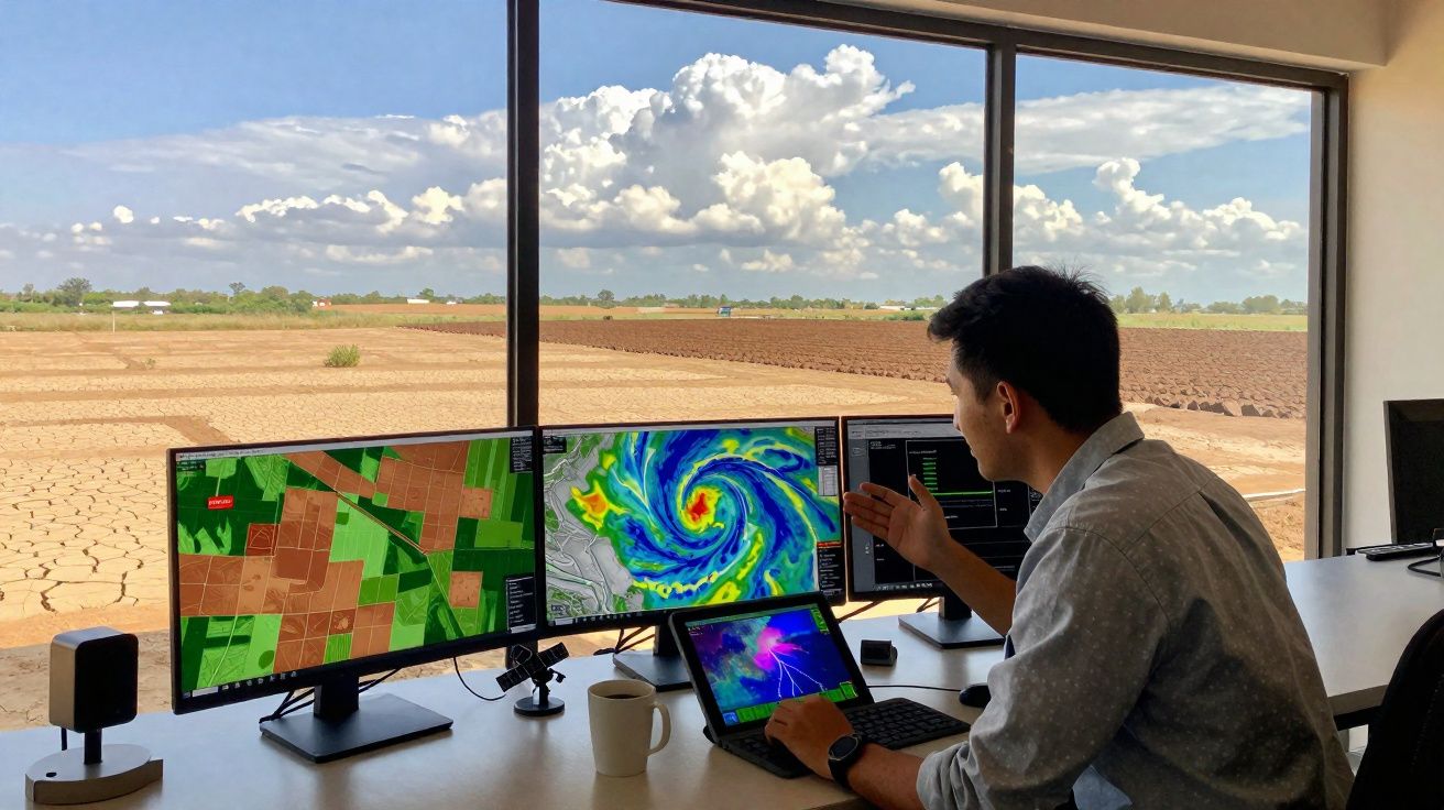 Pessoa a analisar mapas meteorológicos em vários ecrãs, com vista para campo seco através de janela grande.